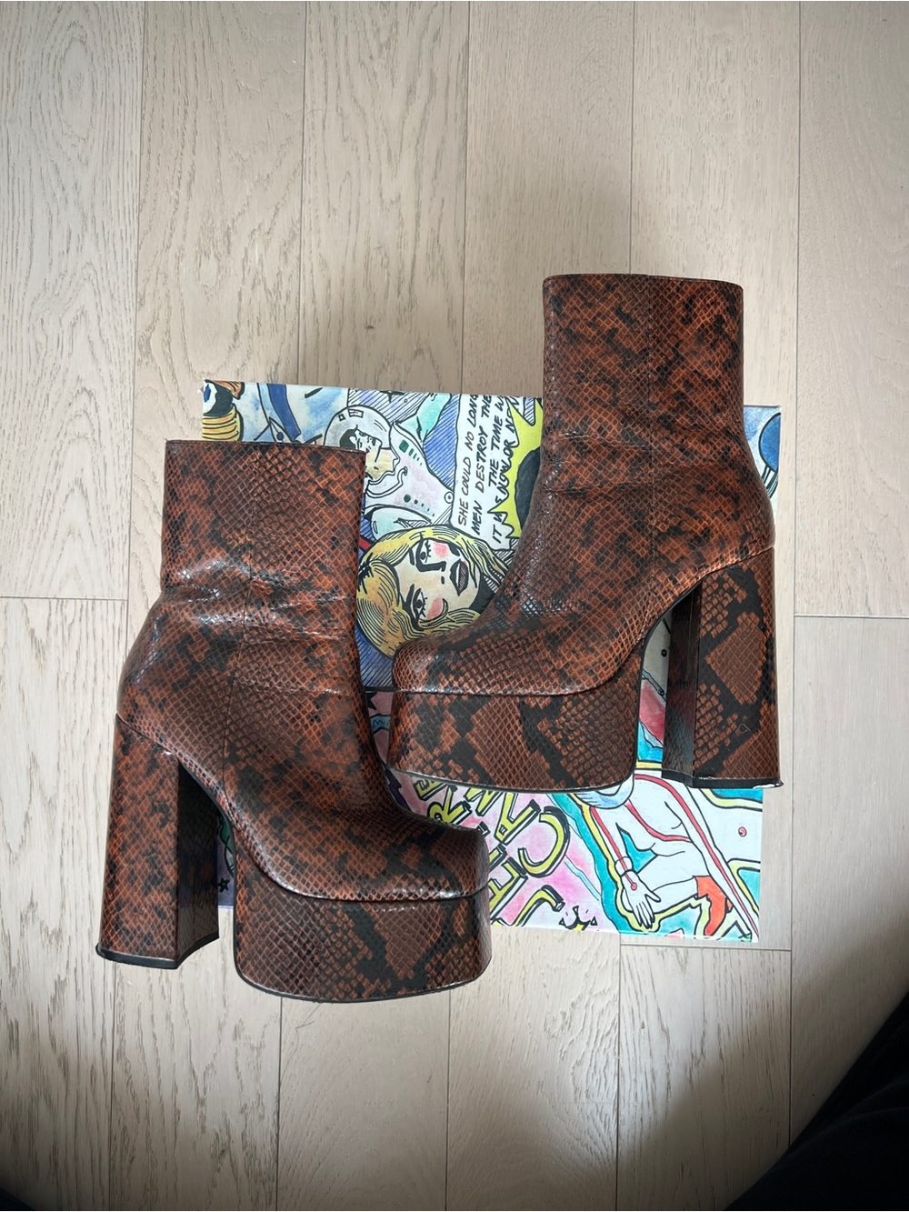 Jeffrey Campbell Red Snake-Print Platform Ankle Boots